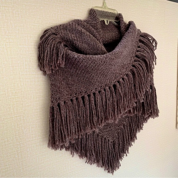 Hand Knit Shawl, Dusty Icy Plum, Fringe Trim, Versatile - Picture 6 of 10